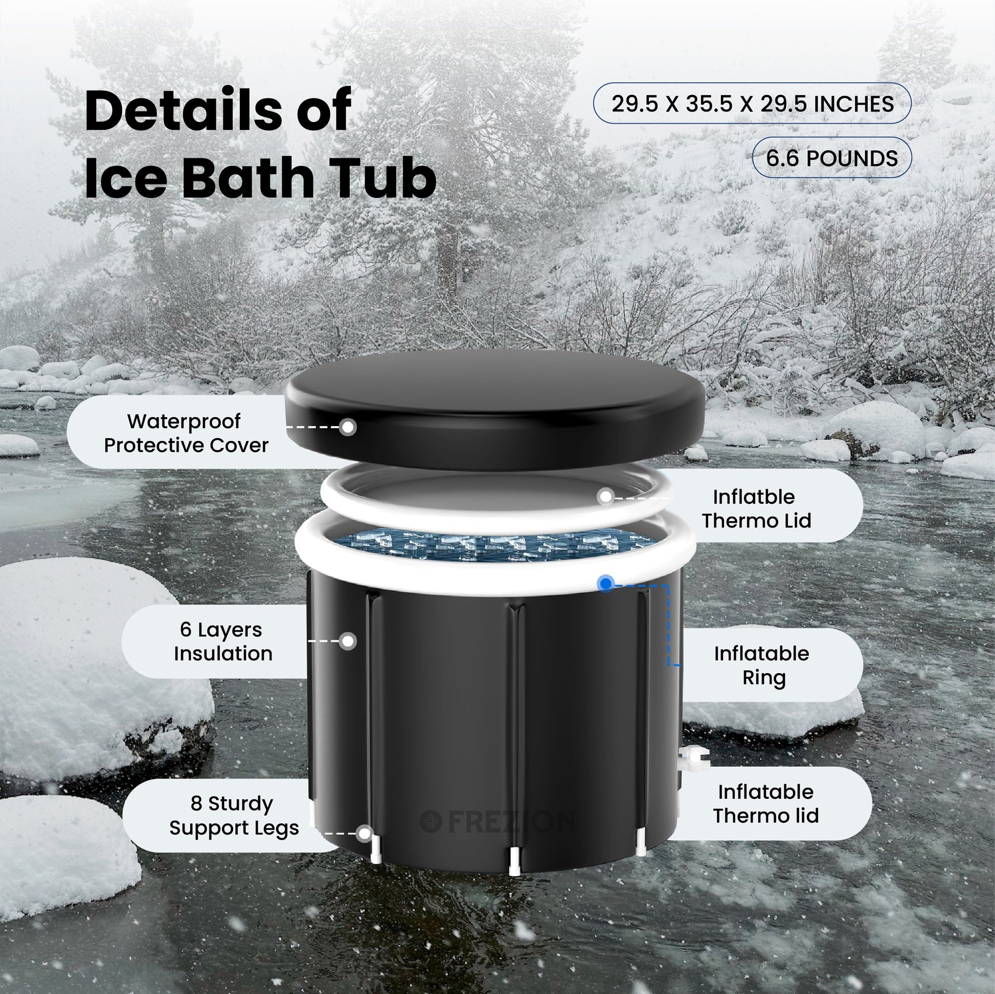 Frezion XL Ice Bath Tub – 110 Gal Insulated Cold Plunge with Cover | Premium Foldable Recovery Pod for Athletes & Wellness, Home & Outdoor Use (Black)